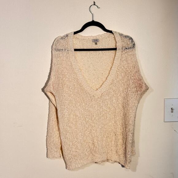 Tobi Oversized Knit Sweater - Cream Open-Weave V-Neck Pullover - Picture 1 of 6